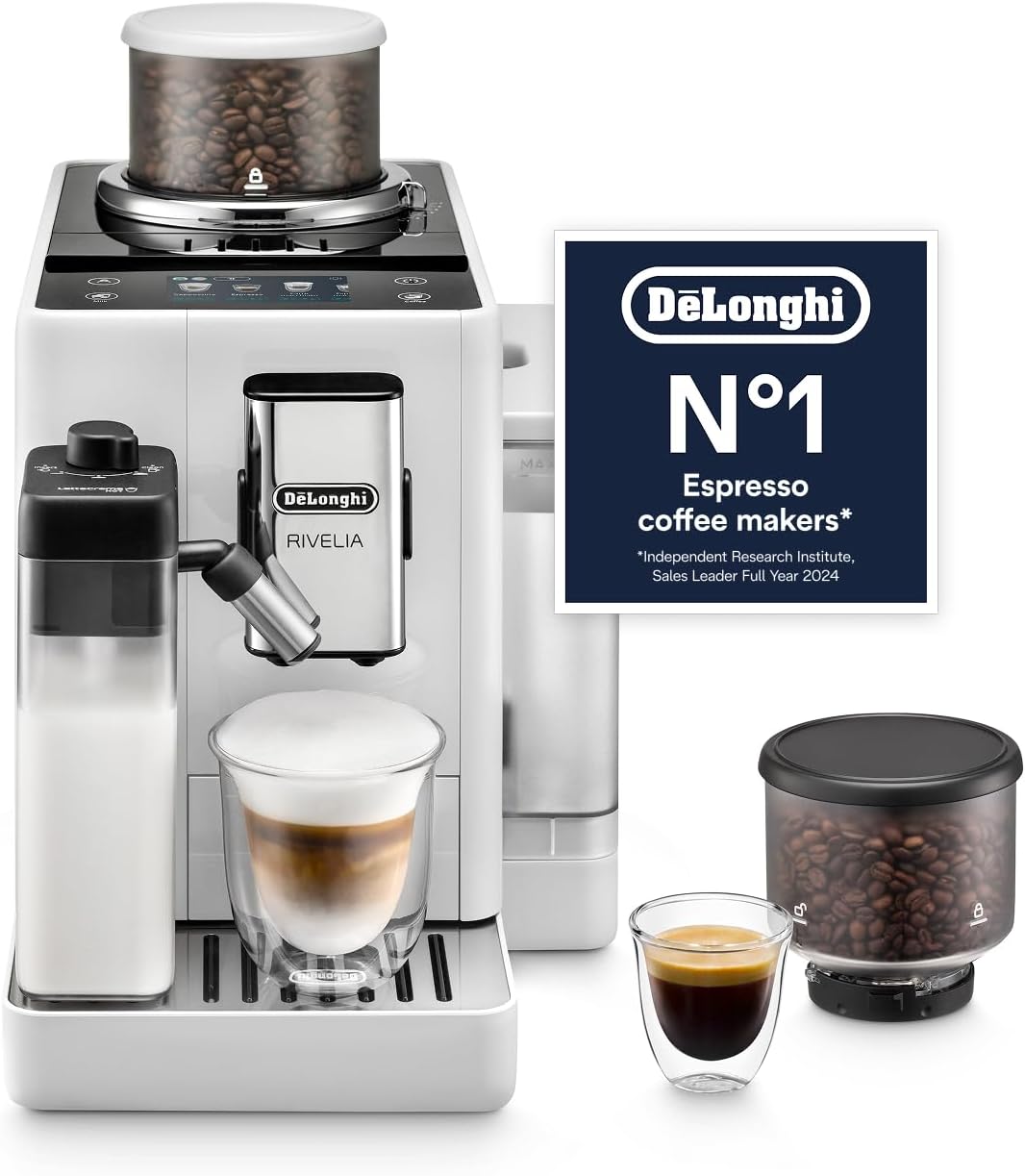 White DeLonghi Rivelia automatic espresso machine with milk frother and integrated bean grinder.