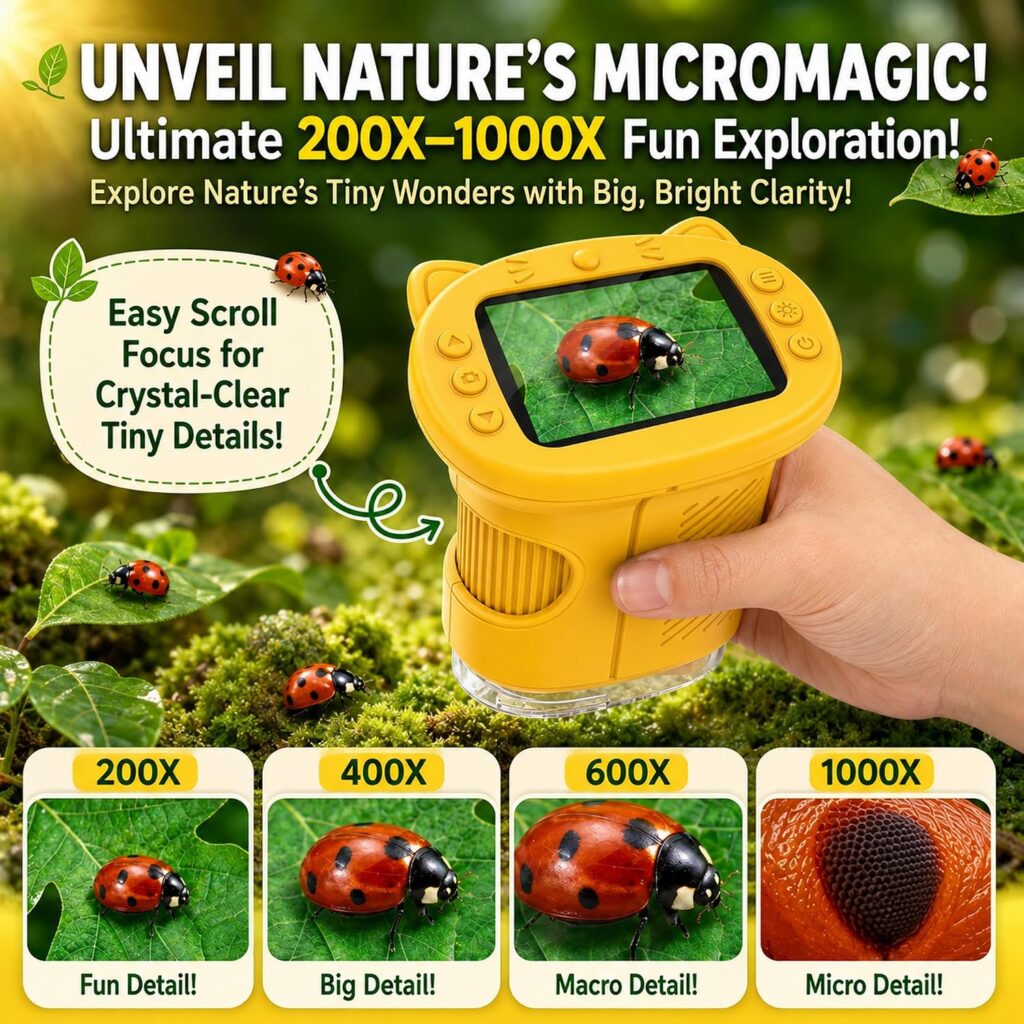 Kids digital microscope with 1000X zoom and color screen